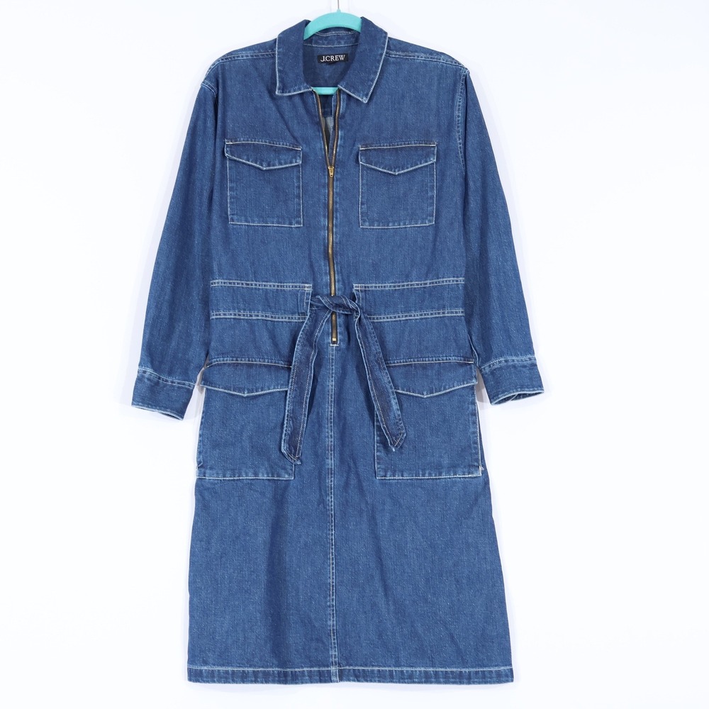 J.Crew Denim Utility Dress Womens 4 Dark Blue Zip Front Belted Midi Gorpcore